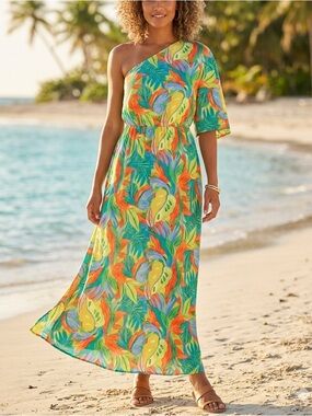 Jess Lea Tropical One Shoulder Asymmetrical Tiered Maxi Dress💛